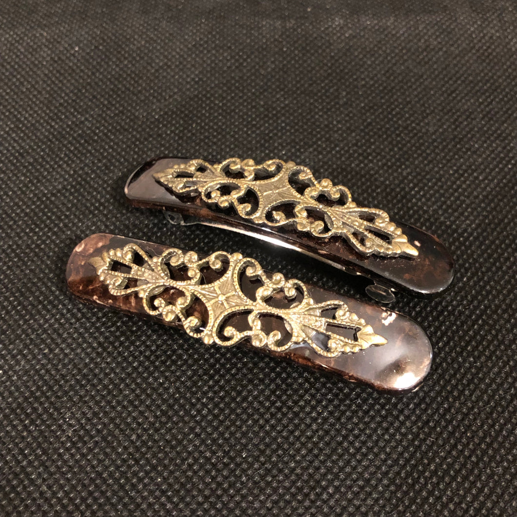 Vintage Hair Accessory Set of Two Brown Faux Tortoiseshell and Gold Tone Filigree Hair Barrettes