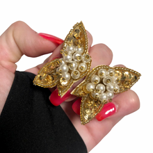 Load image into Gallery viewer, Vintage Jewelry Gold Sequin Faux Pearl Fabric Faux Leather Golden Gold Butterfly Clip on Earrings
