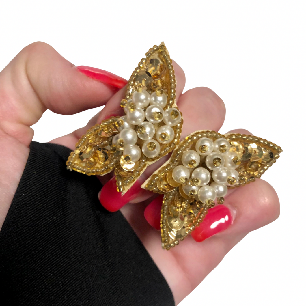 Vintage Jewelry Gold Sequin Faux Pearl Fabric Faux Leather Golden Gold Butterfly Clip on Earrings