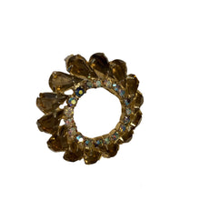 Load image into Gallery viewer, Vintage Czech Style Smoky Gray Rhinestone Gold Circular Wreath brooch with Rainbow Aurora Borealis AB Crystal accents
