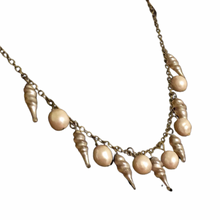 Load image into Gallery viewer, Handmade by Rose, Vintage Mini Miriam Haskell Midcentury Spiral Seashell and Faux Pearl Charm Brass Necklace
