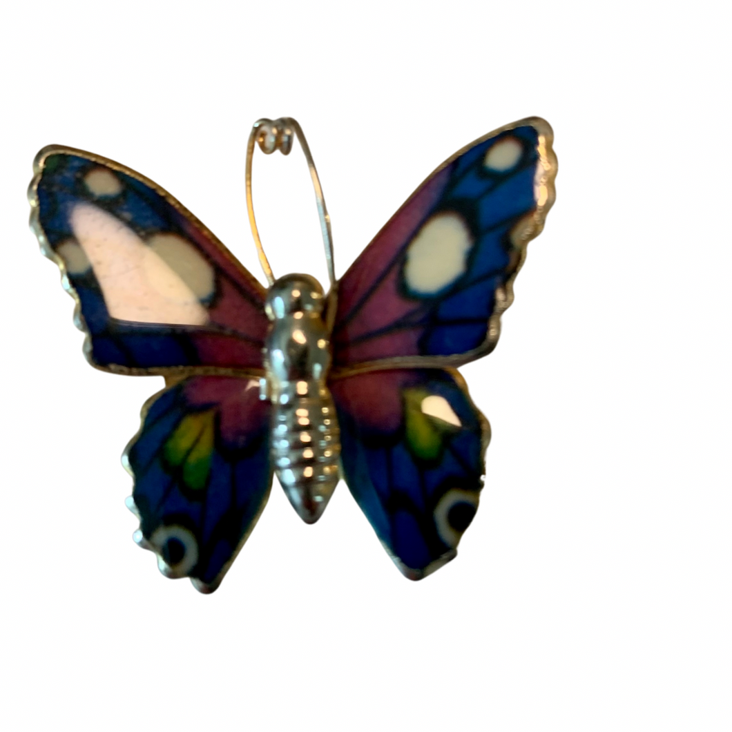 Vintage Jewelry Blue Pink Glossy Multicolored Gold Tone Butterfly Brooch