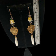 Load image into Gallery viewer, Handmade by Rose Art Nouveau Brass Lady Pearl Drop Green Floral Venetian Bead Long Earrings
