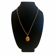 Load image into Gallery viewer, Vintage Jewelry Gold Tone Openwork Filigree Mauve Rose Floral Flower Pendant Necklace
