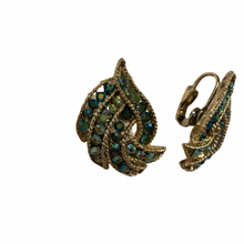 Load image into Gallery viewer, Vintage Jewelry Green Blue Aurora Borealis Crystal Rhinestone Gold Tone Clip on Earrings
