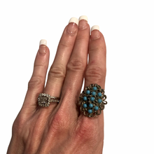 Load image into Gallery viewer, Vintage Jewelry Mini Faux Turquoise Stones Large Silver Tone Etched Filigree Size 7.25 Cocktail Ring
