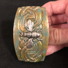 Load image into Gallery viewer, Artisan Art Nouveau Antique Style Textured Green and Gold Filigree Silver Bee French Hair Barrette
