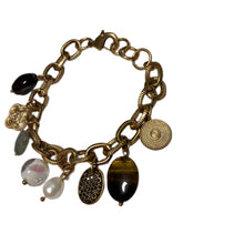 Load image into Gallery viewer, Vintage Jewelry Faux Pearl Tiger’s Eye Jade Brass Gold Tone Beaded Charm Bracelet
