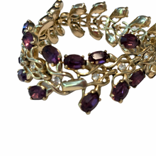 Load image into Gallery viewer, Vintage Jewelry Kramer of New York Faux Amethyst Purple Gemstone Gold Tone Rhinestone Triple Row Dangle Bracelet
