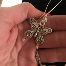 Load image into Gallery viewer, Handmade by Rose, Silver Tone Filigree Long Dangle Butterfly Pendant Earrings
