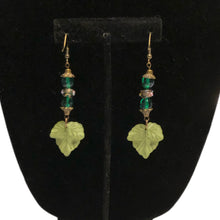 Load image into Gallery viewer, Handmade by Rose Green Leaf Vintage Glass Haskell and Venetian Wedding Cake Floral Beaded Brass Tone Dangle Earrings
