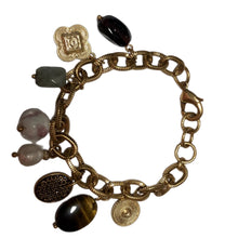 Load image into Gallery viewer, Vintage Jewelry Faux Pearl Tiger’s Eye Jade Brass Gold Tone Beaded Charm Bracelet
