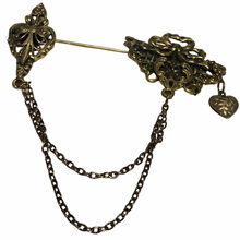 Load image into Gallery viewer, Vintage Jewelry Antiquated Victorian Revival Style Floral Heart Bow Chain Brass tone Stick Pin Brooch
