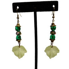 Load image into Gallery viewer, Handmade by Rose Green Leaf Vintage Glass Haskell and Venetian Wedding Cake Floral Beaded Brass Tone Dangle Earrings
