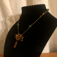 Load image into Gallery viewer, Handmade by Rose, Antique Style Orange Green Beaded Crystal Dragonfly Copper Necklace
