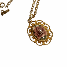 Load image into Gallery viewer, Vintage Jewelry Gold Tone Openwork Filigree Mauve Rose Floral Flower Pendant Necklace
