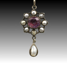 Load image into Gallery viewer, Antique Georgian Purple Paste Sterling Silver MOP Flower Drop Pendant Necklace
