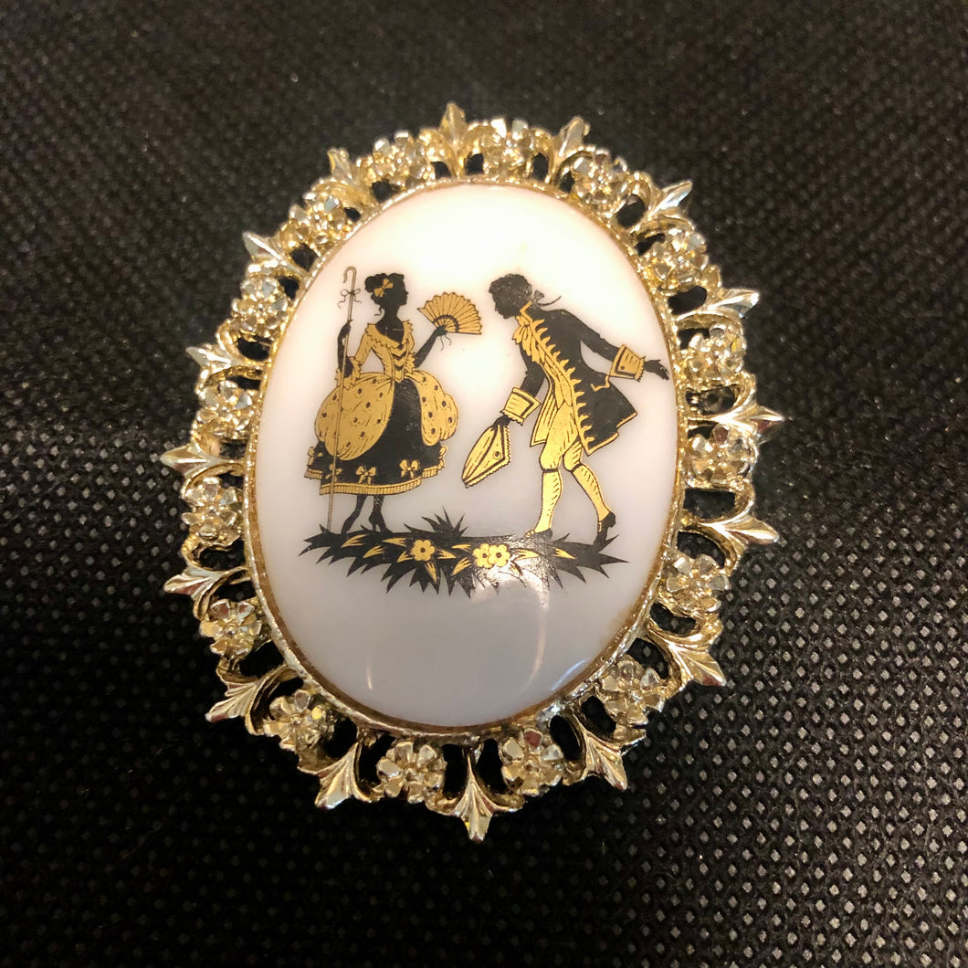 Vintage Jewelry Victorian Style Lovers Portrait White Gold and Black Brass Openwork Cameo Brooch Pin