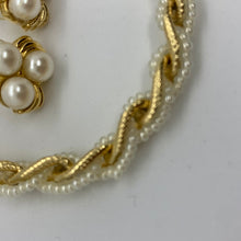 Load image into Gallery viewer, Vintage Trifari Faux Pearl Gold Torsade Multistrand 70’s Bracelet and matching Earrings
