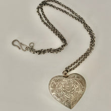 Load image into Gallery viewer, Vintage Silver Tone Floral Flower Filigree Heavy Etched Heart Pendant and Chain
