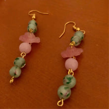 Load image into Gallery viewer, Handmade by Rose, Vintage Mint Green and Pink Rose and Haskell beads Floating Flower Earrings
