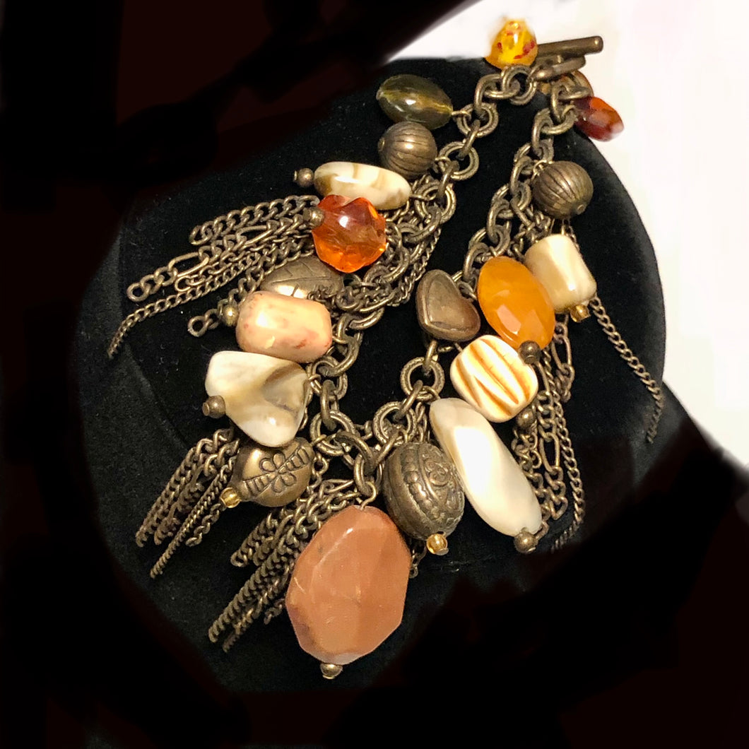 Vintage Jewelry OOAK 1970’s Boho Hippie Brass Earth Tone Gemstone Heart Dangle Chunky Charm Bracelet