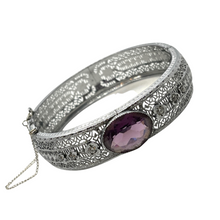 Load image into Gallery viewer, Antique Art Deco Silver Mesh Filigree Heart Motif Amethyst Gemstone Cabochon Bangle Bracelet with Safety Chain
