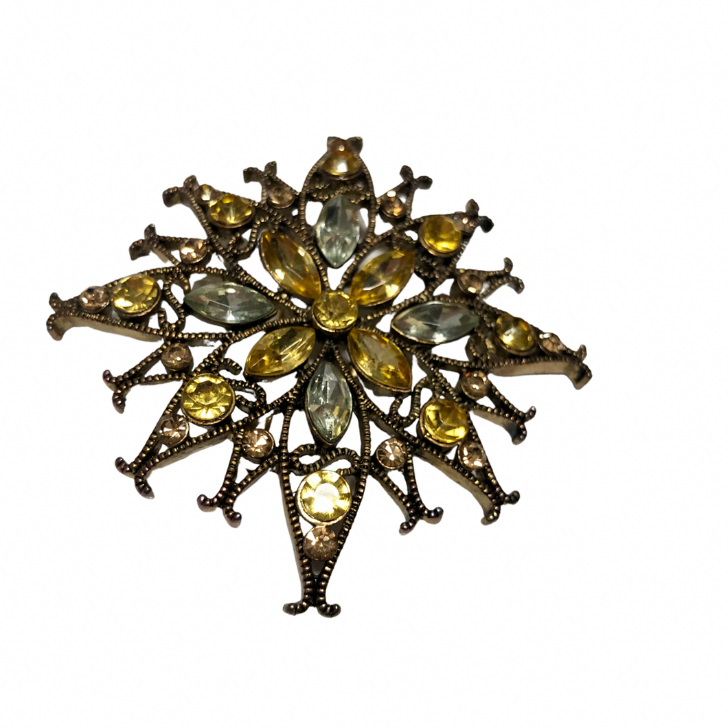 Vintage Jewelry Brass Tone Filigree Openwork Yellow Rhinestone Floral Flower Brooch Pin