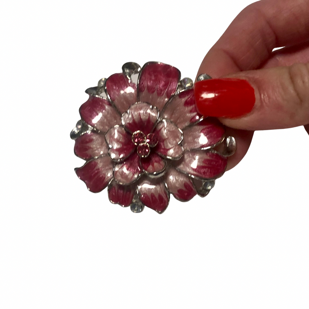 Vintage Jewelry Shades of Pink Floating Flower Rhinestone Silver Tone Brooch Pin