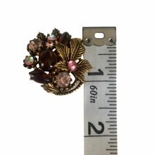 Load image into Gallery viewer, Vintage Jewelry Purple Lucite Cabochons Yellow Rhinestone Brass Tone Floral Flower Clip on Earrings
