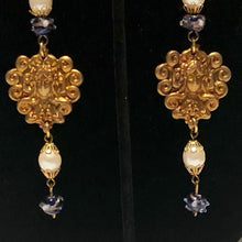 Load image into Gallery viewer, Handmade by Rose Art Nouveau Style Brass Lady Bronze Pearl Drop Blue Floral Venetian Wedding Cake Bead Long Earrings
