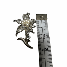 Load image into Gallery viewer, Vintage Jewelry Silver Tone Floral Flower Faux Pearl and Rhinestone Brooch Pin
