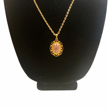 Load image into Gallery viewer, Vintage Jewelry Gold Tone Openwork Filigree Mauve Rose Floral Flower Pendant Necklace
