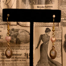 Load image into Gallery viewer, Handmade by Rose, Vintage Glass Fire Opal Brass Charm Czech Glass Pink and Gold Heart Earrings
