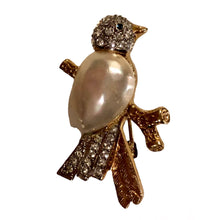 Load image into Gallery viewer, Vintage Huge Faux Pearl Belly Faux Pave Diamond Gold Tone Rhinestone Bird on Branch Brooch Pin
