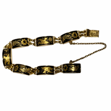 Load image into Gallery viewer, Vintage Gold and Black Damascene Linked Bracelet Dove Bird Floral Flowers Motif with Safety Chain
