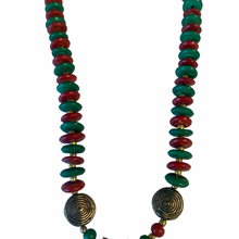 Load image into Gallery viewer, Vintage Jewelry Artisan Tribal Style Red Green Beaded Bronze Tone Pendant Necklace
