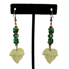 Load image into Gallery viewer, Handmade by Rose Green Leaf Vintage Glass Haskell and Venetian Wedding Cake Floral Beaded Brass Tone Dangle Earrings
