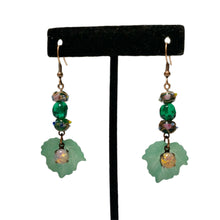 Load image into Gallery viewer, Handmade by Rose Green Leaf Vintage Glass Haskell and Venetian Wedding Cake Floral Beaded Copper Fire Opal Dangle Earrings
