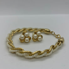 Load image into Gallery viewer, Vintage Trifari Faux Pearl Gold Torsade Multistrand 70’s Bracelet and matching Earrings
