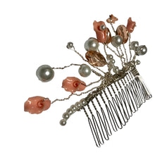 Load image into Gallery viewer, Handmade by Rose Pink Italian Branch Coral Reef Calla Lilly Flower Peach Crystal Faux Pearl Wedding Bridal Silver Hair Comb
