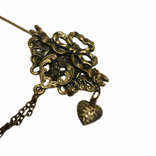 Load image into Gallery viewer, Vintage Jewelry Antiquated Victorian Revival Style Floral Heart Bow Chain Brass tone Stick Pin Brooch
