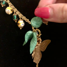 Load image into Gallery viewer, Handmade by Rose, Vintage Brass Butterfly Ceramic Sunflower Green Glass Leaves Beaded Gold Tone Necklace
