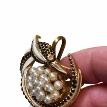 Load image into Gallery viewer, Vintage Jewelry Signed Ciner Ivory Black Rhinestone Bird with nest Mini Faux Pearl Eggs in Nest Swirl Brooch Pin
