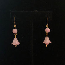 Load image into Gallery viewer, Handmade by Rose, Vintage Beads Pink Bell Flower Haskell Bead Pastel Gold Plated Dangle Spring Earrings

