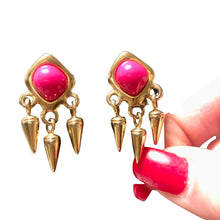 Load image into Gallery viewer, Vintage Jewelry 1980’s Pink and Brass Spiked Dangle Clip on Earrings
