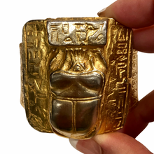 Load image into Gallery viewer, Vintage Jewelry Rare Egyptian Revival Heavy Gold Gilt and Silver Tone Scarab Beetle Hieroglyphic Hinged Cuff Bracelet
