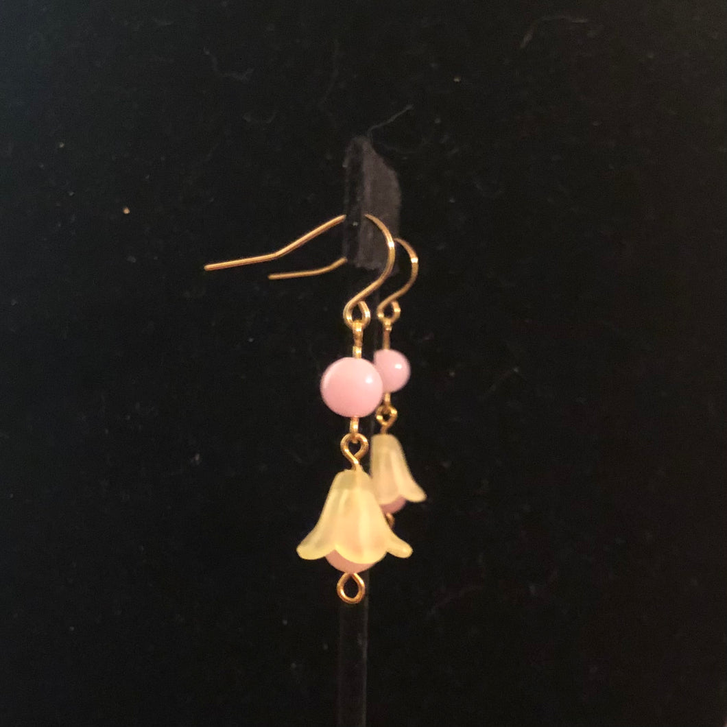 Handmade by Rose, Vintage Beads Yellow Pink Bell Flower Haskell Bead Pastel Gold Plated Dangle Spring Earrings