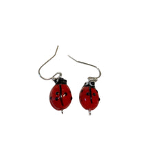 Load image into Gallery viewer, Handmade by Rose Lampwork Red and Black Ladybug Bug Insect Silver Tone Beaded Earrings
