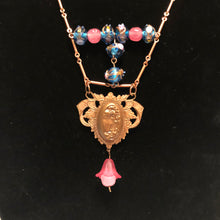 Load image into Gallery viewer, Handmade by Rose Art Nouveau Style Lady Pendant Copper Necklace Pink Haskell Blue Venetian Floral Beads
